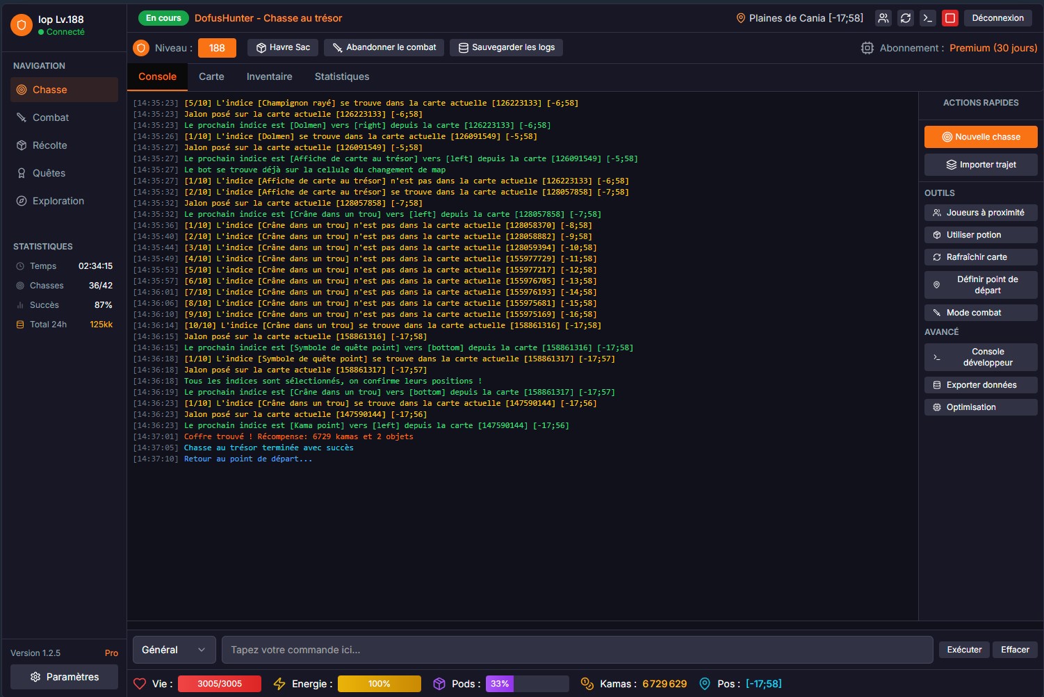 Interface DofusBot - Console de chasse au trésor avancée - Bot dofus farming en action